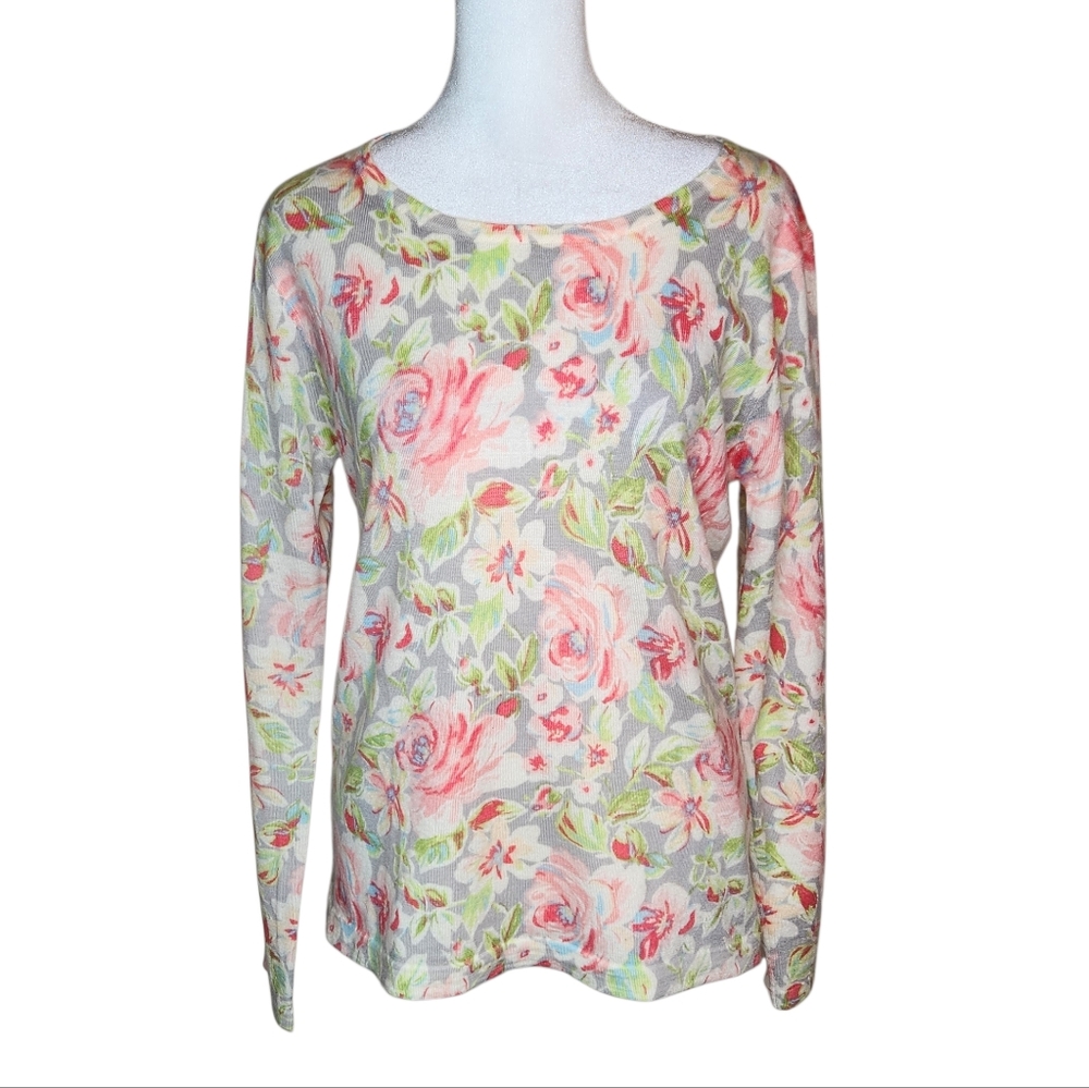 Garnet Hill 100% Merino Wool Rose Floral Crew Neck Sweater M